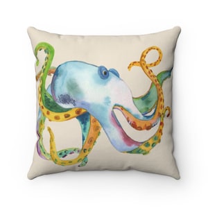 Octopus Throw Pillow - watercolor octopus - coastal home - unique dorm decor,