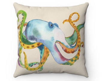 Octopus Throw Pillow - watercolor octopus - coastal home - unique dorm decor,