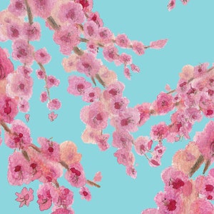 Cherry Blossom Shower Curtain: Pink & Blue Floral Fabric, Spring Bathroom Decor image 3