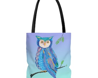 Owl Tote Bag - Blue, teal, green purple, colorful owl, back-to-school