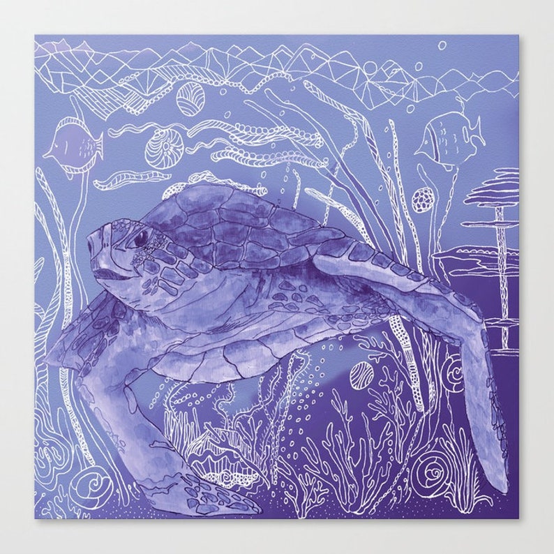 Periwinkle Sea Turtle Throw Pillow , cute, surfer style, blue violet purple ocean coral reef coastal cushion dorm, honu image 3