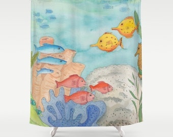 Undersea Shower curtain - watercolor  ocean, fish, coastal, fine art,  Surf, beach, blue, coastal