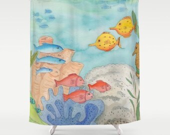 Undersea Shower curtain - watercolor  ocean, fish, coastal, fine art,  Surf, beach, blue, coastal