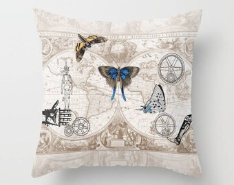 Steampunk Throw Pillow , gears, retro illustrations and buttterflies world map,  dorm,  throw pillow, industrial chic