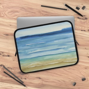 Watercolor Beach Laptop Sleeve - Ocean Vibes, Tech Accessory, Gift for Students, Work from Home, Travel