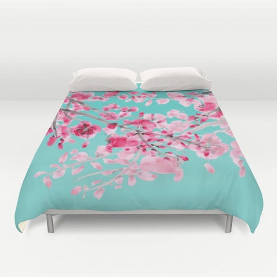 Cherry Blossom On Bright Teal Duvet Cover Or Comforter Pink Etsy
