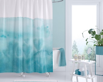 Teal Aqua Watercolor Shower Curtain: Waves of Love, Coastal Decor