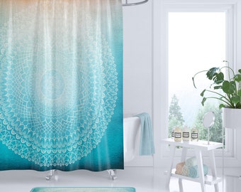 Teal Mandala Shower Curtain - teal coral peach, geometric mandala, boho chic