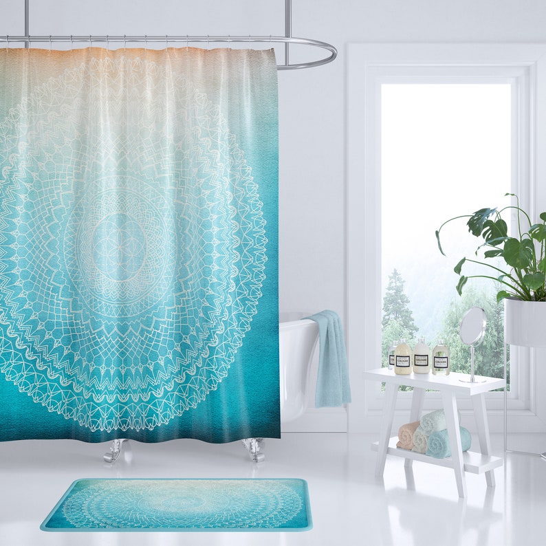 Teal Mandala Shower Curtain teal coral peach geometric Etsy