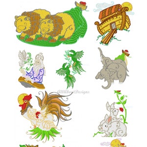 May include: A set of 10 colorful embroidered designs featuring various animals, including lions, birds, elephants, a rooster, rabbits, monkeys, and a giraffe. The designs are perfect for embroidery projects, such as clothing, home decor, and crafts.