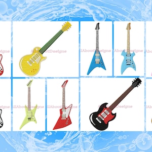 以下が含まれることがあります： 赤、黄、青、ピンク、黒、茶色など、さまざまな色の10種類のエレキギターのコレクション。ギターはすべて漫画風で、グリッド状に配置されています。