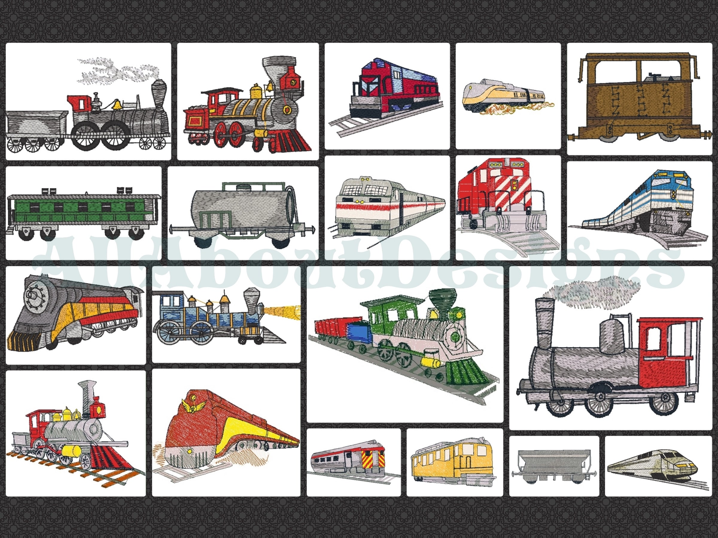 Basic Train Designs Train Set 1 - 20 Designs - Machine Embroidery Designs - Multiple ...