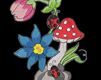 Mushroom and Ladybugs Floral Machine Embroidery Design for 5x7 Hoop