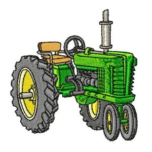 May include: A green and yellow toy tractor with a brown seat and black wheels. The tractor has a large exhaust pipe and a detailed engine.