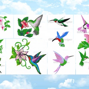 Op de afbeelding: Een set van 10 borduurmotieven met kolibries in verschillende poses en kleuren, met bloemen en bladeren. De ontwerpen zijn perfect om prachtige en unieke borduurprojecten te maken.
