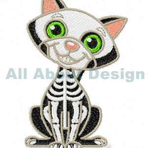 愛らしいスケルトン猫の機械刺繍デザイン - 複数の形式 - 4 つのサイズ - ハロウィン猫、死者の日、死者の日
