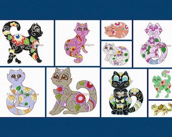 Fancy Floral Felines  Machine Embroidery Designs - 10 Different designs - Multiple formats -  all for the 4x4 Hoop