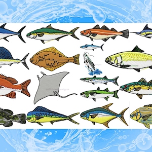 May include: A collection of 16 colorful embroidered fish designs, including a tuna, a flounder, a stingray, a mahi-mahi, and a yellowtail. These designs are perfect for creating unique and eye-catching embroidery projects.