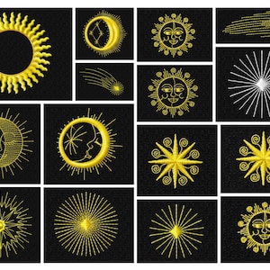 May include: A set of 14 embroidery designs featuring celestial motifs, including suns, moons, stars, and comets. The designs are all in gold and white, and are perfect for adding a touch of whimsy to any project.
