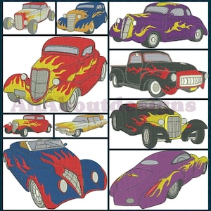 May include: A set of 8 embroidery designs featuring vintage hot rods with flames. The designs include a variety of colors, including red, blue, yellow, black, and purple.