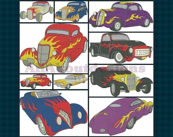 Classic Hot Rods Machine Embroidery Designs - 10 designs - Each in 2 Sizes - Multiple formats - 4x4 and 5x7 Hoops