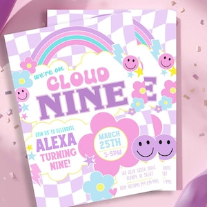 We're on Cloud 9 Birthday Invitation: Retro Checkered Smiley Face (Digital or Printed)