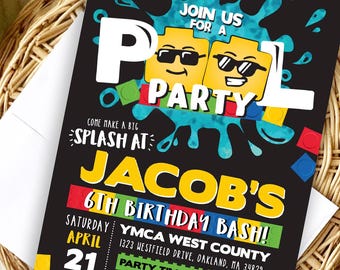 Building Blocks Pool Party Invitation (Digital or Print), Summer Birthday