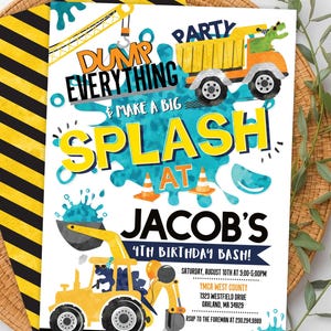 Construction Dinosaur Splash Birthday Invitation: Editable Pool Party (Digital Download)