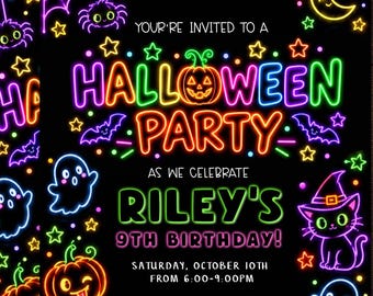 May include: A black Halloween party invitation card featuring neon-style graphics of pumpkins, ghosts, a cat in a witch hat, bats, stars, and spiderwebs. The text reads: YOU'RE INVITED TO A HALLOWEEN PARTY AS WE CELEBRATE RILEY'S 9TH BIRTHDAY!