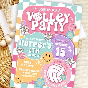 Volleyball Birthday Invitation: Editable Checkered Smile Face Tween Sports Invite (Digital Or Printed)