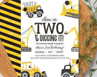 Construction 2nd Birthday Invitation, Two Digging It Party Template (Digital or Printed)