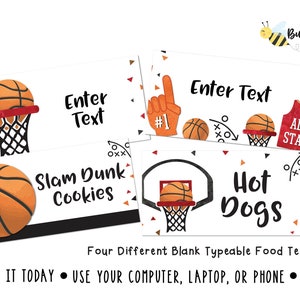 Étiquettes de nourriture de basket-ball Tentes de nourriture d'anniversaire de basket-ball Étiquettes de nourriture de basket-ball de sport Tentes de nourriture de ballon Fichier numérique Abeilles occupées Happenings