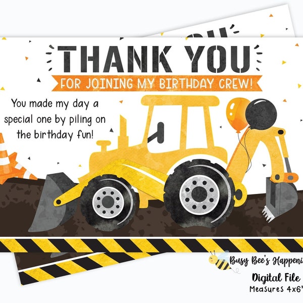 Construction Thank You Note Construction Birthday Thank you note Backhoe Thank you note Digital File Busy bee's Happenings INSTANT DOWNLOAD