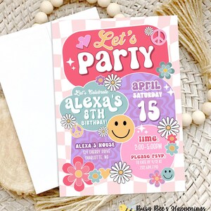 Editable ANY AGE Groovy Birthday Invitation Let&#39;s Get Groovy Daisy Rainbow Hippie Birthday Invite Printable Template Smiley face invite