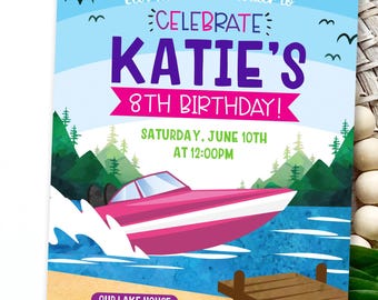 Pink Speed Boat Birthday Invitation: Editable Lake Party (Digital or Printed)
