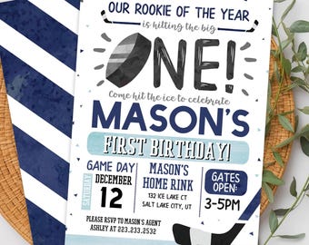 Rookie Hockey 1st Birthday Invitation, Sports Turning One Invite (Digital or Printed)