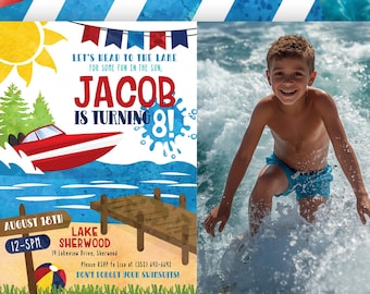 Speedboat Birthday Invitation with Photo, Lake Boat Party Invite (Editable) Digital or Printed