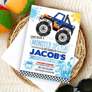 Blue Monster Truck Birthday Invitation, Editable Water truck Birthday Invite, Monster Splash Monster Truck Invite, Pool Party, Splash Pad