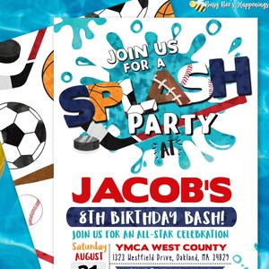 Sports Splash Birthday Invitation, Water Party Invite, All-Star Bash (Editable Template)
