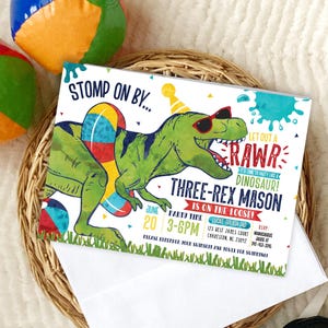 three rex Dinosaur pool Birthday Invitation, Editable Water Dinosaur Invite, t-rex birthday invite, three rex Pool Party, summer birthday
