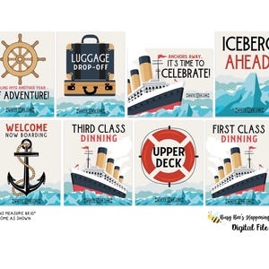 Letreros para fiesta de cumpleaños del Titanic, decoraciones vintage para fiesta de cumpleaños con temática de cruceros, letreros náuticos para cumpleaños, imprimible digital del Titanic