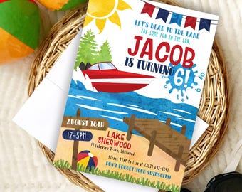 Red Speed Boat Birthday Invitation: Lake Adventure (Editable)