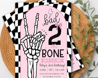 Bad 2 the Bone 2nd Birthday Invitation, Pink Girl Skeleton Birthday Invite, Spooky 2nd Birthday, Halloween Birthday