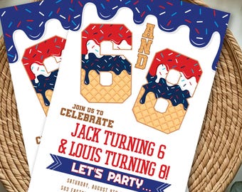 Double Birthday Patriotic Invitation, Red White Blue Summer Party Invite (Editable)