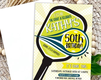 May include: A yellow and green birthday invitation with a graphic of a paddleball racket and the text "Let's hit the court & celebrate Kathy's 50th Birthday!"  The invitation includes details for a party at North County Park on Saturday, October 10th at 5:00pm.
