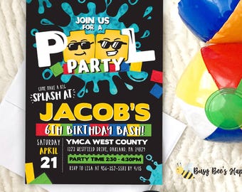 Building Blocks Pool Party Invitation: Editable Summer Birthday Invite