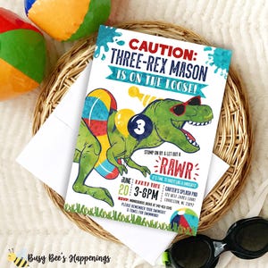 three-rex pool birthday invitation, Editable Dinosaur Birthday Invitation, Three-rex Invite, 3 Rex Birthday Party, Dinosaur Party Invite