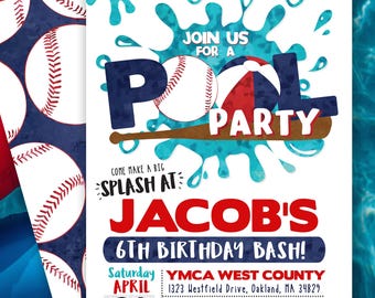 Baseball Pool Party Birthday Invitation, Baseball Birthday Invite, Pool Party Invitation, Sports Birthday, Summer Splash Party, Boy Birthday