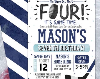 May include: A rectangular birthday invitation card with a hockey theme, featuring navy blue and white diagonal stripes on the left. The text reads: He Shoots, He's FOUR! IT'S GAME TIME... MASON'S SEVENTH BIRTHDAY! GAME DAY AUGUST 12, MASON'S HOME RINK, GATES OPEN 3-5PM.