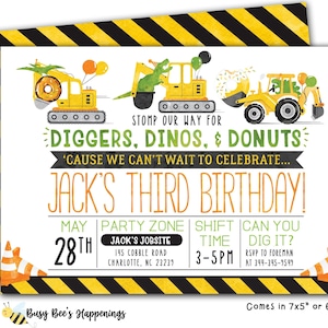 Dinosaur Digger Donut Birthday invite Dinosaur Birthday invite Construction Birthday Invite Donut Invite Digital File Busy Bees Happenings